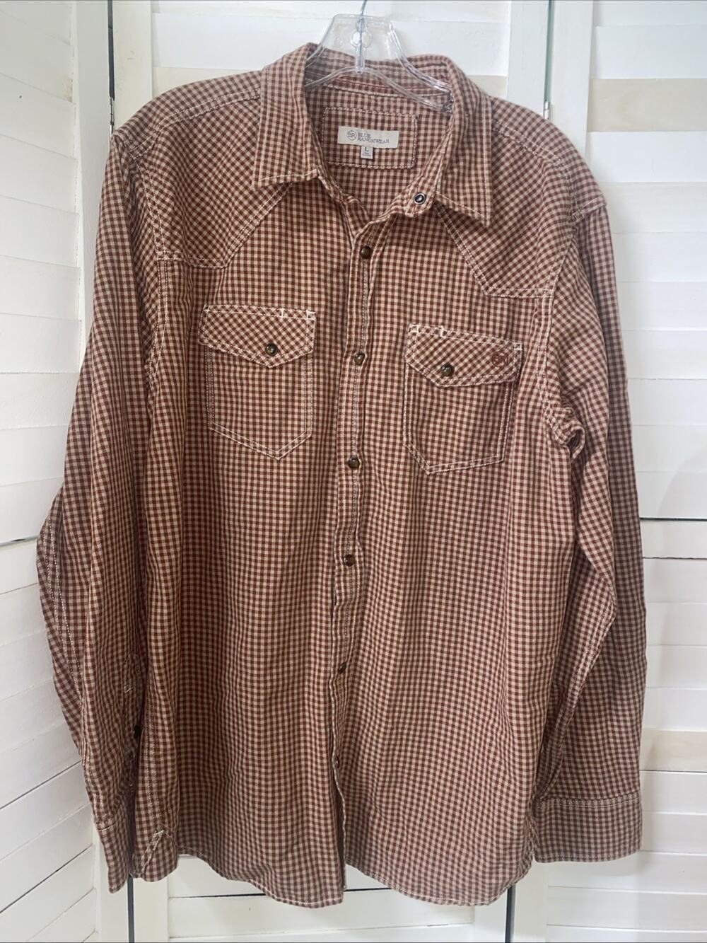 Blue Ranchwear Western Shirt Men’s Large Pearl Snap L/Sleeve Red White Gingham
